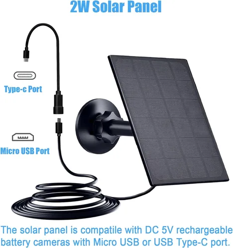 Miniatura 2 de Zivif Panel solar para cámara de seguridad, cargador solar de 2 W con puerto micro USB y USB-C para cámara de batería recargable, con soporte