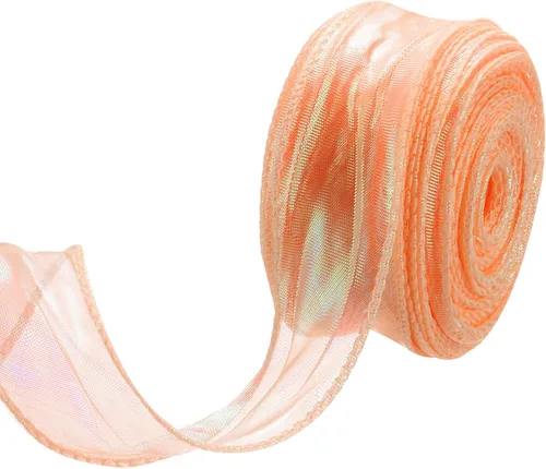 Miniatura 70 de MECCANIXITY - Cinta de organza con cable de 1 1/2" de ancho, brillante, transparente, con brillo irisado en tonos pastel, cinta de gasa para Beige