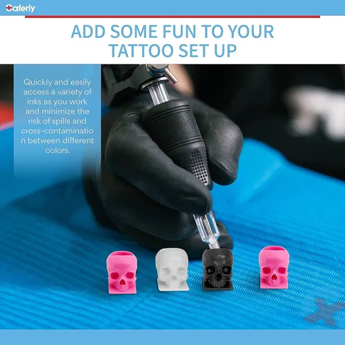 Miniatura 4 de Saferly Tapas de tinta de tatuaje de calavera para tatuaje, soporte de pigmento desechable con base, suministros de tatuaje de maquillaje permanente