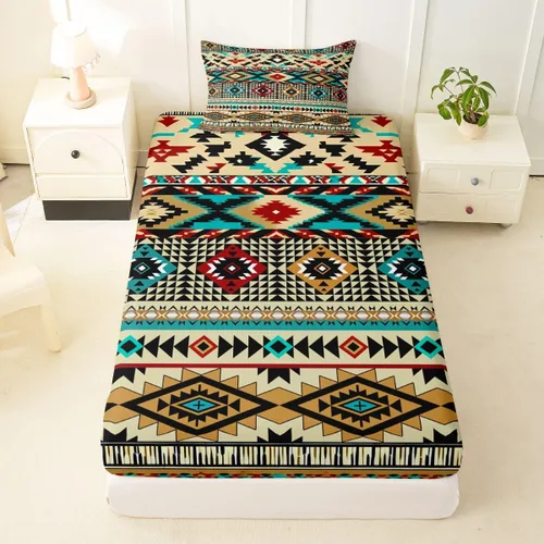 Miniatura 66 de Juego de ropa de cama occidental tamaño individual, sábanas aztecas, estilo nórdico exótico, bohemio, sábana bajera ajustable de tribu india