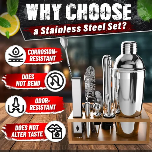 Miniatura 4 de Juego de bar y coctelera (10 piezas) - Kit de barman de mezcla de acero inoxidable con agitador, jigger, colador, mezclador, cuchara, pinzas