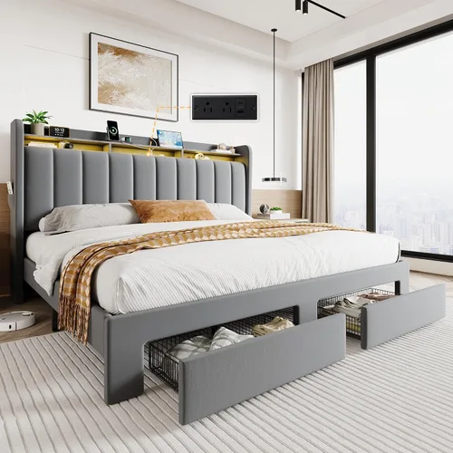 Miniatura 10 de SHA CERLIN Base de cama de plataforma de tamaño matrimonial con cabecera de canal vertical copetuda y 2 cajones de almacenamiento, estantes de 2