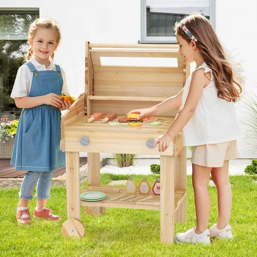 Miniatura 5 de Costzon Juego de parrilla para niños con ruedas, juego de parrilla de madera para niños con comida de juego, herramientas de parrilla y accesorios
