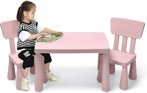 COSTWAY Juego de mesa y sillas para niños de 3 piezas, centro de actividades infantiles de plástico ligero para leer, escribir, pintar, merienda,