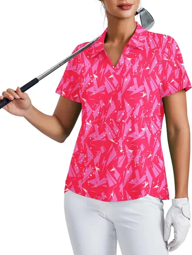 Miniatura 7 de PINSPARK Camiseta de golf para mujer, de manga corta, con protección UPF 50+, camiseta de tenis, cuello en V, para entrenamiento, ropa deportiva