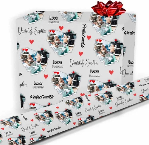 Artsadd Papel de regalo personalizado con texto con imagen para aniversario, día de San Valentín, papel de regalo con foto personalizada con corazón