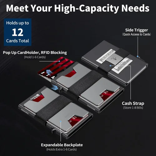 Miniatura 46 de Cartera delgada de aluminio para hombre, placa trasera expandible duradera, bloqueo RFID, billetera desplegable de metal minimalista, con capacidad
