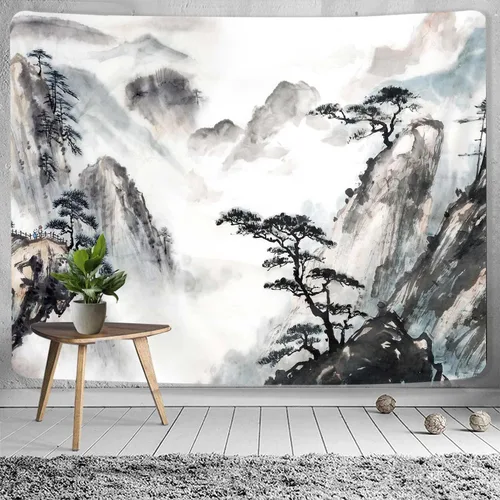 Miniatura 5 de Hjokiupt Tapiz japonés, pintura de paisaje asiático, tinta oriental, acuarela, árbol de montaña, decoración abstracta de dormitorio, tapiz