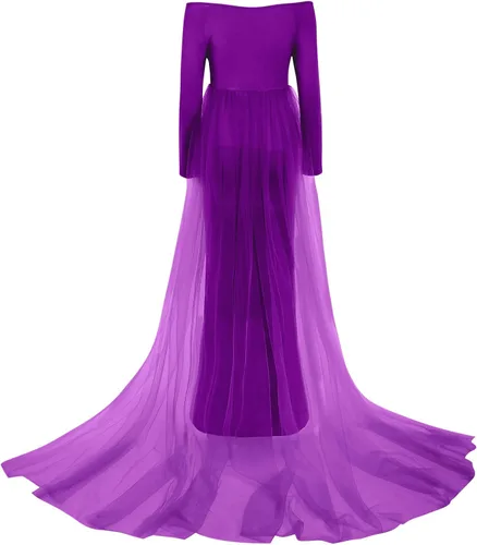 Miniatura 4 de Vestido de maternidad de manga larga con hombros descubiertos para mujer, de tul elegante, ajustado, para baby shower, fotografía, maxi vestido