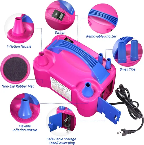 Miniatura 2 de Electric Balloon Pump for Party Decorations – Portable Inflator, Auto Shutoff, Balloon Air Pump Dual Nozzle Rose Red 110V 600W Rojo rosa