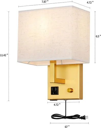 Miniatura 6 de Aplique de pared enchufable, lámpara de pared de cabecera con enchufe y interruptor regulable, con puerto de carga USB y toma de corriente, adecuado