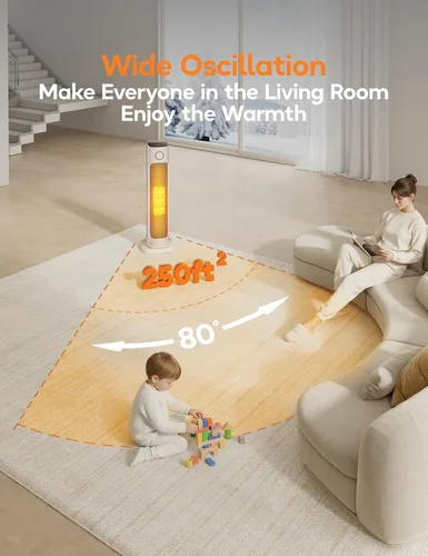 Miniatura 5 de Calentador de espacio de 25 pulgadas, calentadores eléctricos de 1500 W para uso en interiores, temporizador de 15 horas, oscilación de 80°, 6