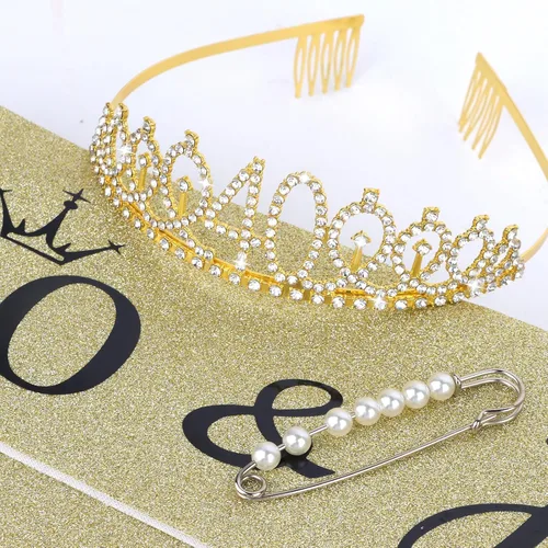 Miniatura 7 de CIEHER Juego de corona dorada para cumpleaños número 40 + banda de 40 y fabulosa + pin de perlas, tiara para decoraciones y regalos de cumpleaños