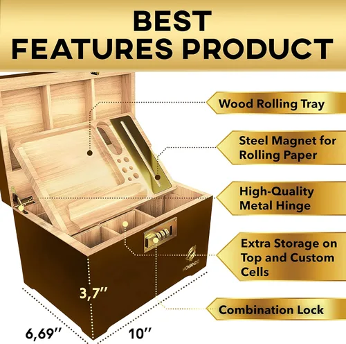 Miniatura 4 de Caja de almacenamiento grande de bambú premium con bandeja extraíble, caja de madera de almacenamiento para hierbas y accesorios, juego de caja