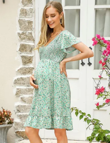Miniatura 3 de Coolmee Vestido de maternidad de manga corta con volantes y cuello en V para mujer, vestido midi de verano casual fruncido fluido para baby shower