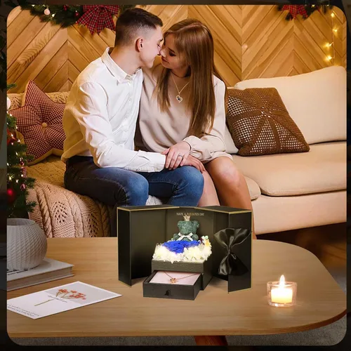 Miniatura 4 de AddWel Regalos de rosas para mujer, rosas azules reales preservadas con collar I Love You en 100 idiomas y lindo oso de musgo para novia, esposa