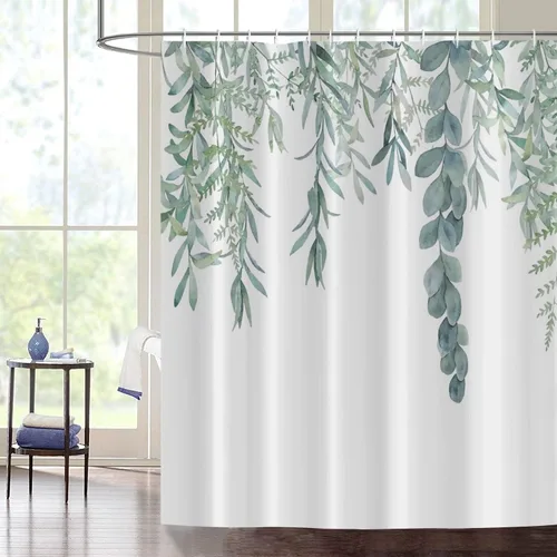 Miniatura 40 de Cortina de ducha de eucalipto, hojas verdes de acuarela en la parte superior con cortina de baño floral, decoración de baño para bañera, tela Hoja