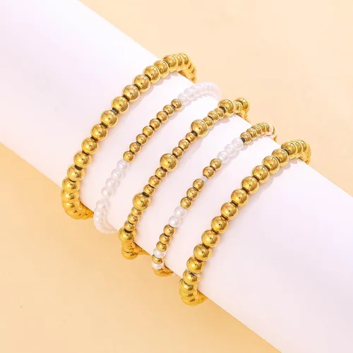 Miniatura 3 de KIWISE Pulseras de cuentas de oro para mujer, chapado en oro de 18 quilates, apilables, elásticas, juego de pulseras de bolas de cuentas, regalos