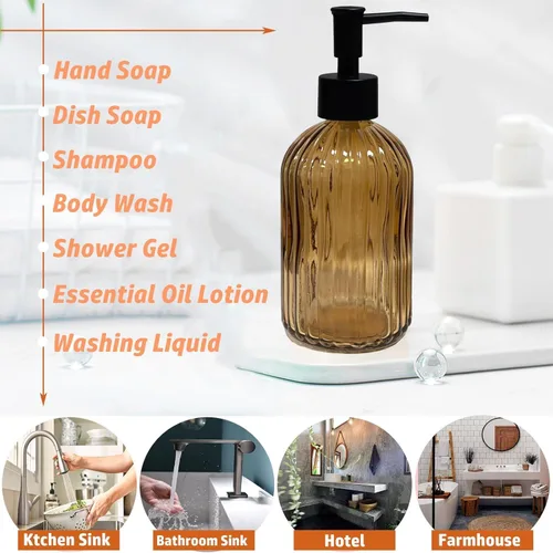 Miniatura 6 de 14Oz Black Pump Glass Soap Dispenser, Brown Stripe Countertop Refillable Liquid Bottle Hand Dish Lotion Dispenser with Plastic Pump, for Kitchen