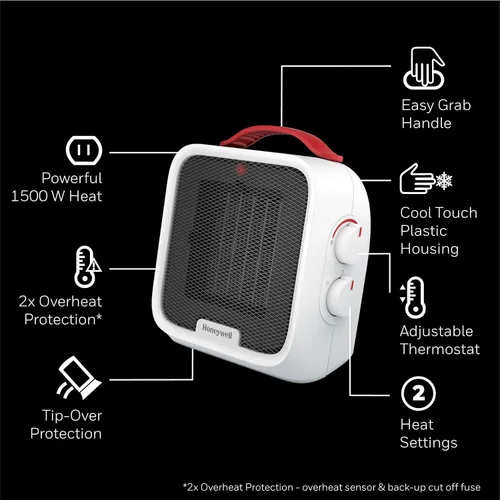 Miniatura 4 de Honeywell UberHeat 5 Calentador de Espacio de Cerámica para Habitaciones Pequeñas, Blanco