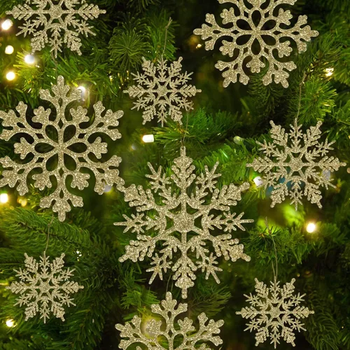 Miniatura 27 de Decoraciones para árbol de Navidad, adornos de copo de nieve, 36 piezas de copos de nieve colgantes de plástico con purpurina azul y plateado