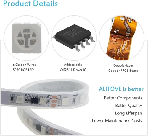 Miniatura 3 de ALITOVE WS2811 Tira de luz LED RGB direccionable de 24 V, 32.8 pies, 600 LED, color de ensueño programable, luces LED digitales de píxeles, luz