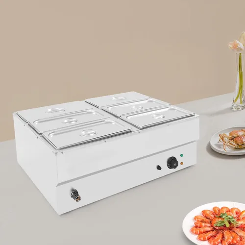 Miniatura 2 de Calentador de alimentos comercial de 110 V, 6 sartenes, de acero inoxidable eléctrico de 1500 W, calentador de alimentos Bain Marie, mesa de vapor