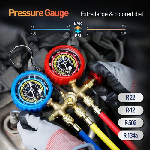 Miniatura 3 de WISSCOOL Juego de medidor de CA Calibradores de climatización para R134 R22 R12 R502, con mangueras de 5 pies acopladores adaptadores herramientas