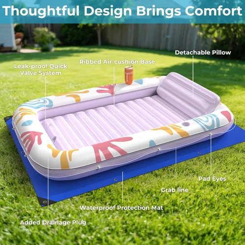 Miniatura 15 de Flotador inflable de bronceado para piscina con lona de protección, flotadores de piscina de 70 x 46 pulgadas para adultos con almohada, flotador 6