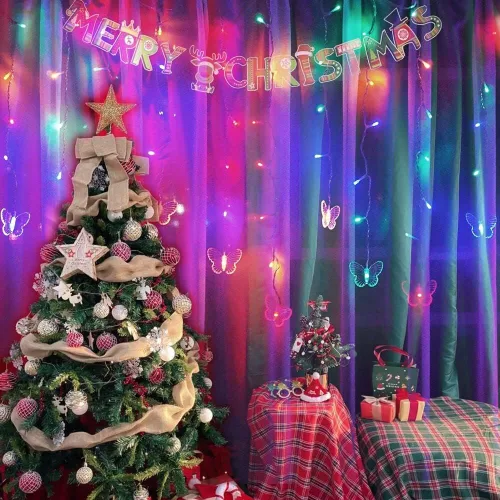 Miniatura 5 de Guirnalda de luces de cadena de hadas con cortina de mariposa, 120 LED, 8 modos, temporizador alimentado por USB, luz parpadeante de luciérnaga