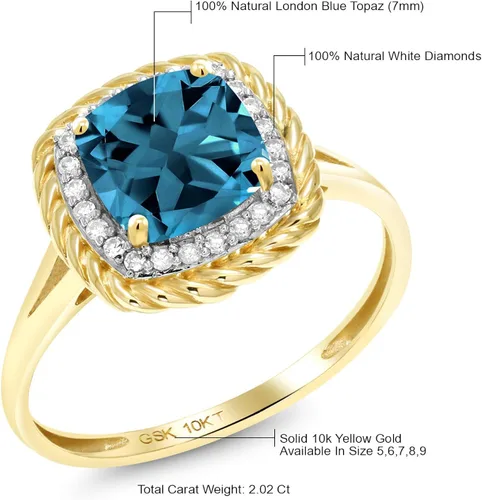 Miniatura 7 de Gem Stone King Anillo para mujer de oro amarillo de 10 quilates con topacio azul y diamante blanco de Londres