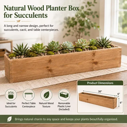 Miniatura 4 de Efavormart - Juego de macetas de madera rectangular natural de 24 x 6 pulgadas con forros de plástico extraíbles
