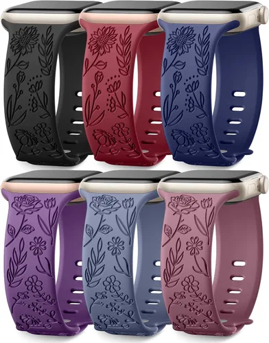 Miniatura 18 de SNBLK Paquete de 6 correas florales grabadas compatibles con Apple Watch de 40mm 41mm 42mm 38mm 44mm 45mm 46mm 49mm, mujeres y hombres, correa