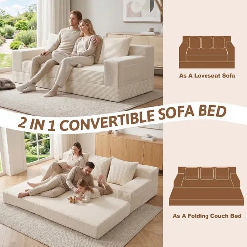 Miniatura 3 de Sofá cama convertible de 78 pulgadas, sofá futón plegable de esponja de alta densidad, sofá sin hueso, sofá cama de 3 plazas con 3 almohadas