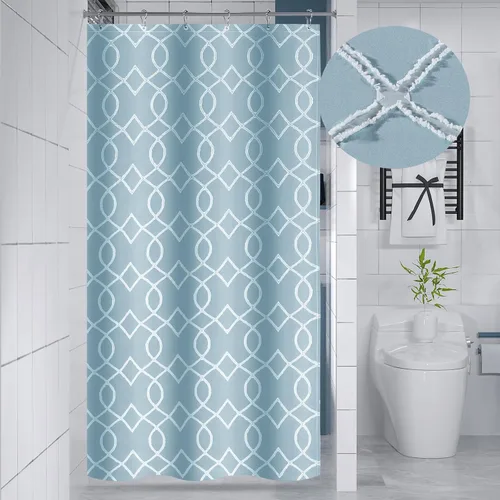 Miniatura 24 de Yimobra Juego de cortinas de ducha de tejido gofre con forro de tela a presión, tela pesada con 12 ganchos, impermeable y lavable, ventana superior