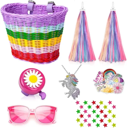Miniatura 7 de Cesta de bicicleta para manillar para niñas con collar de unicornio, campana, serpentinas, cuentas de rueda, lentes de sol, calcomanías, juego