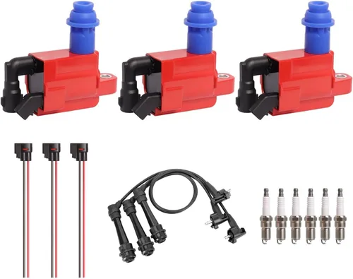 ENA Juego de 3 bobinas de encendido rojas 6 bujías platino 3 conectores 3 cables compatibles con Toyota Lexus 2001-2005 IS300, 1998-2005 GS300,