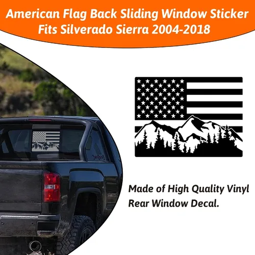 Miniatura 3 de Adhesivo para ventana trasera media de Chevy Silverado Sierra 2004-2018 Bandera de Estados Unidos de montaña de vinilo adhesivos mate negro