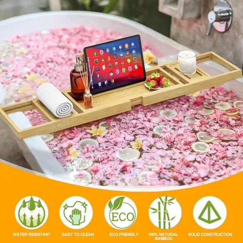Miniatura 3 de Bandeja de bañera de alta calidad – Bandejas de baño de madera de bambú expandibles para bañera – Bandeja de mesa de bañera para bañera/bañera