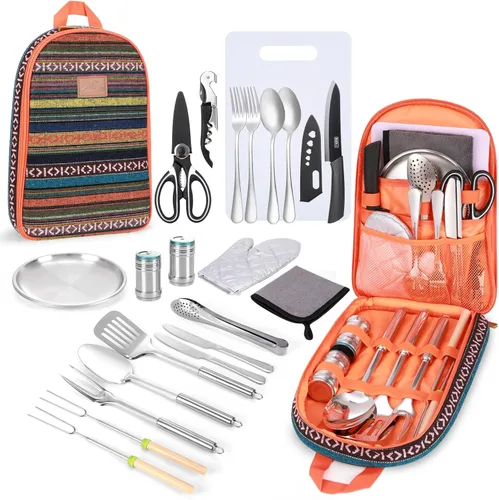 Miniatura 11 de Juego de utensilios de cocina portátil para acampar de 27 piezas, kit de utensilios de cocina de acero inoxidable para cocinar y asar al aire libre