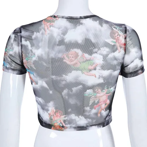 Miniatura 3 de HitZoom Blusa corta de malla con bordado de diablo transparente para mujer