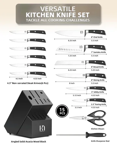 Miniatura 2 de KnifeSaga Juego de 15 cuchillos de cocina de acero inoxidable de alto carbono con bloque y afilador, juego de cuchillos negros afilados de alta