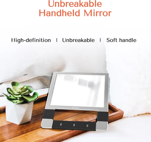Miniatura 3 de TASALON Espejo de mano irrompible, plateado, rectangular, soporte de mesa, marco de ABS, espejo de mano para barbero, salón, maquillaje, ducha Plata