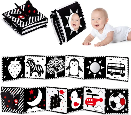 Juguetes de alto contraste en blanco y negro para bebés de 0-3, 3-6 meses, tiempo boca abajo, suave, libro arrugado, espejo, juguetes sensoriales de