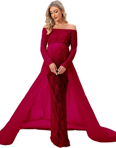 Miniatura 3 de ZIUMUDY Vestido de sesión de fotos de maternidad de manga larga con hombros descubiertos, vestido de encaje ajustado con capa larga de gasa trian