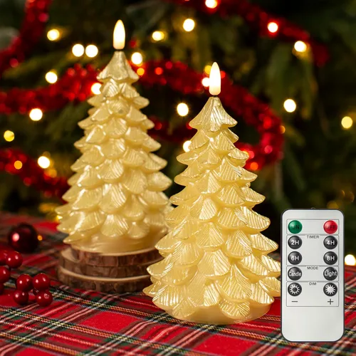 LUSHARBOR Velas sin llama con control remoto y temporizador, pack de 2 Velas de árbol de Navidad, velas LED operadas por batería, de cera real,