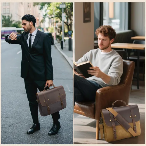 Miniatura 2 de Bolsa de mensajero para hombre, de lona encerada, maletín para laptop de 15.6 pulgadas, estilo vintage, de cuero, impermeable, para la escuela