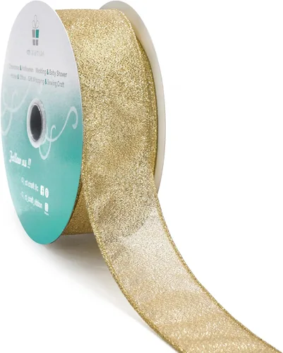 Miniatura 27 de Cinta con alambre metálica dorada champán de 2.5 pulgadas x 10 yardas para decoración del hogar de Navidad, lazo para decoración de árbol, envoltura