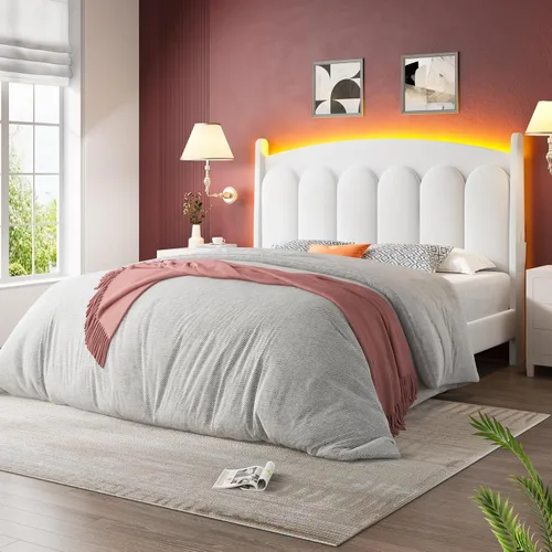 CypBed Base de cama de tamaño matrimonial con luces LED de cabecero, cama matrimonial tapizada de terciopelo, cama matrimonial con plataforma