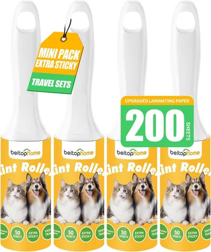Rodillo de pelusa extra adhesivo para pelo de mascotas, 200 hojas, rodillos de pelusa para viajes, paquete de 4 unidades, papel resistente, tamaño